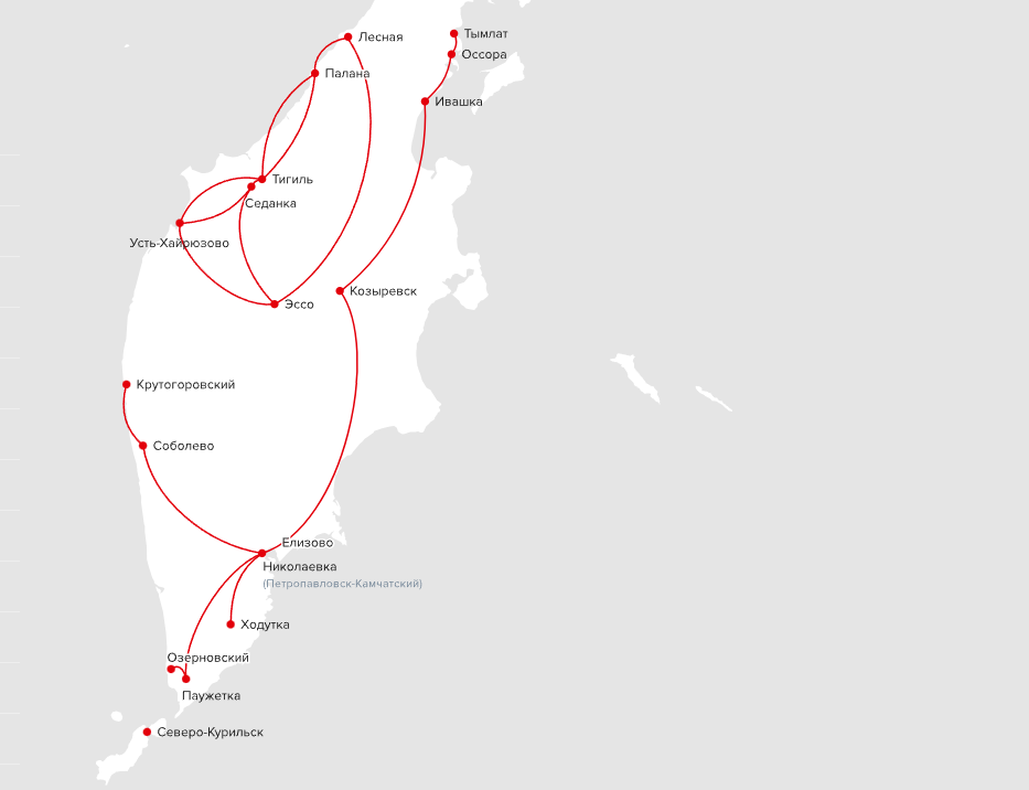 Схема вертолётного сообщения Камчатского края.