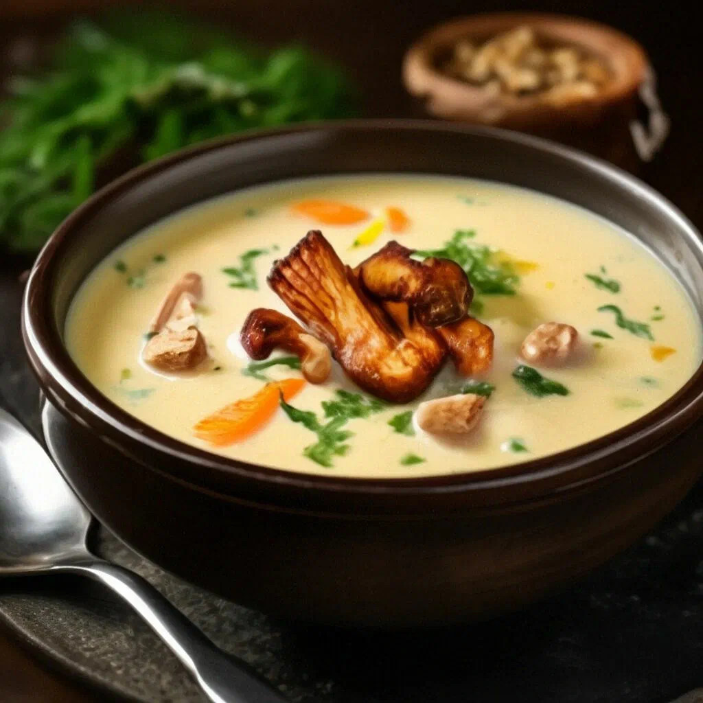 Сырный суп с курицей и лисичками