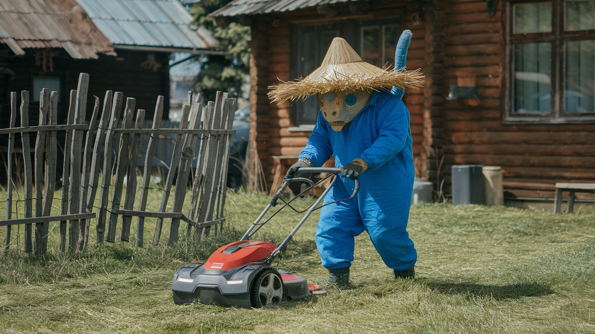 Ideogram: "An unknown to mankind underwater creature with the head of a cat in a straw hat mows the grass in the backyard of a dacha in the high-tech style, the yard is like in an old Russian village with a wooden crooked fence, sunny weather."