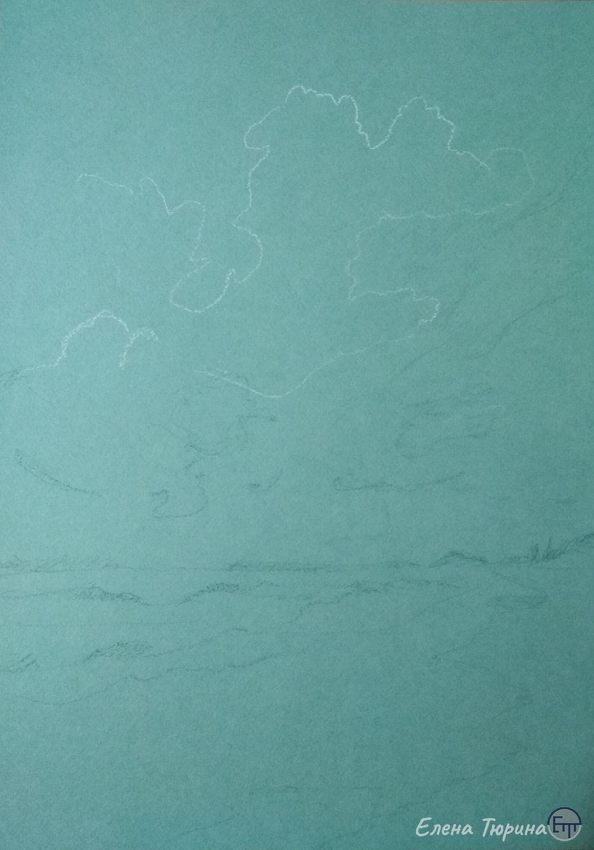 Художник Елена Тюрина. "Закат на море". Стадия I . Начало работы. Набросок. Сухая пастель. 2020 г. Размер: 41,8 х 29,7 см.