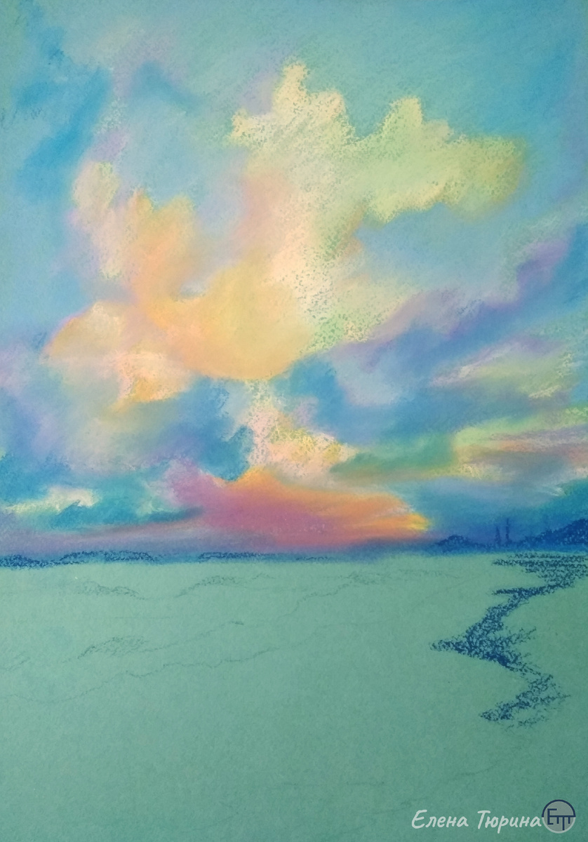 Художник Елена Тюрина. "Закат на море". Стадия II . Намечаем небо. Сухая пастель. 2020 г. Размер: 41,8 х 29,7 см.