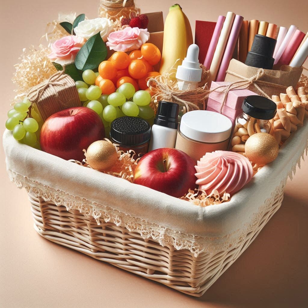 Корзина с подарками заполненная гофрированным наполнителем 