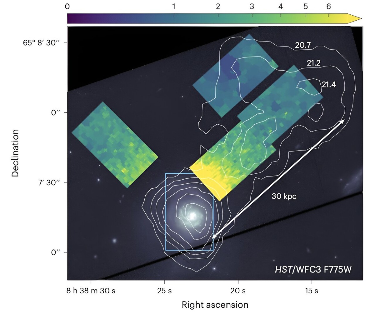 Свечение газа вокруг звёздного диска галактики IRAS 08339+6517, угасающее от самого яркого (жёлтого) до самого тусклого (синего). Источник: Nielsen et al. / Nature Astronomy  📷
