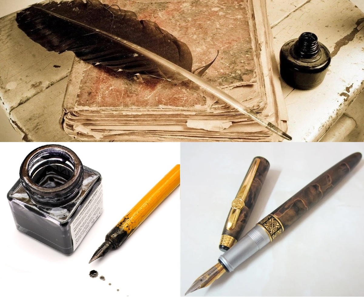 На фото: гусиное перо для письма, ручка со стальным пером и усовершенствованная перьевая ручка со стальным пером, без чернильницы 1884 года. Удивительная история шариковой ручки: от перьевой ручки с чернильницей до космических технологий.