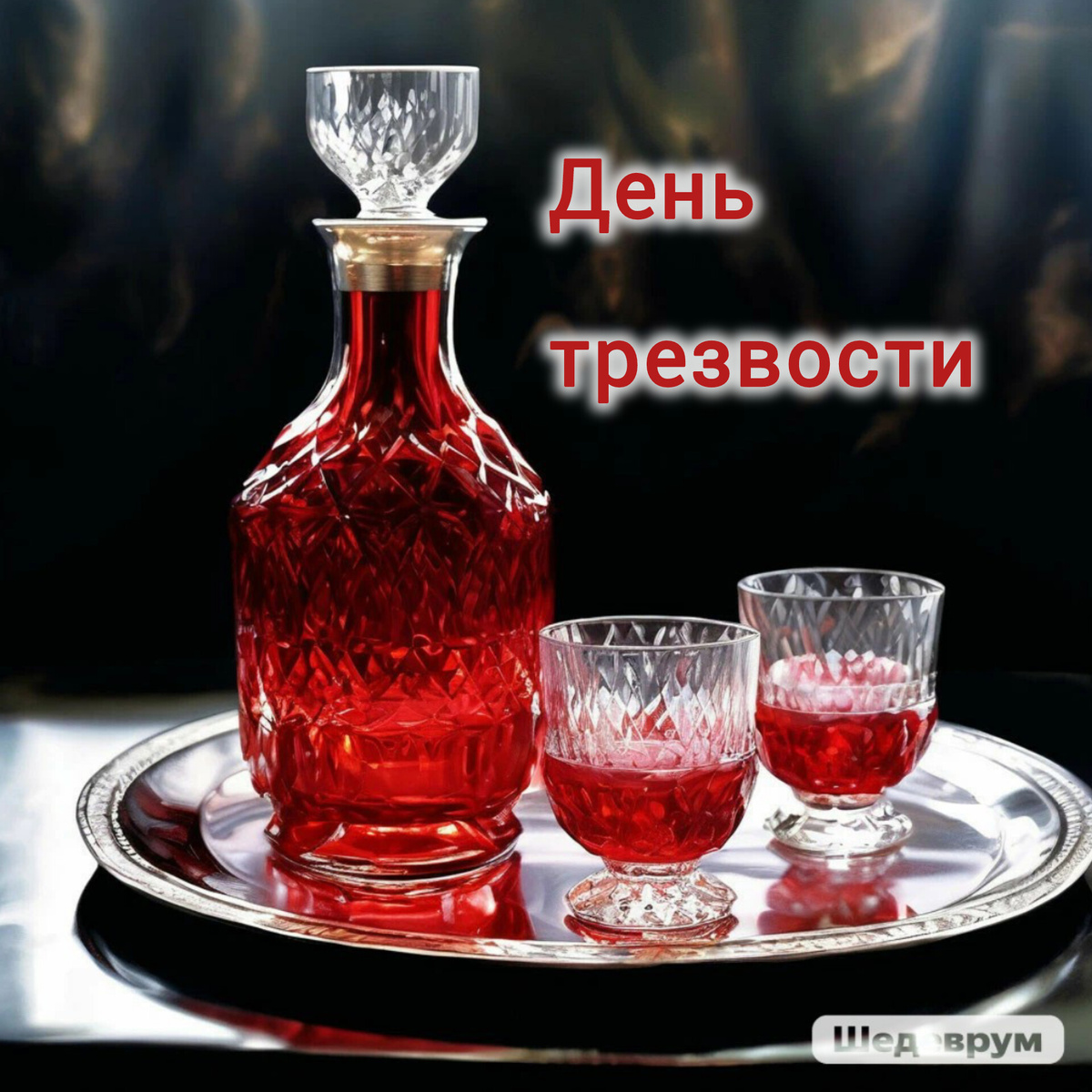 Тифлокомментарий. Обложка сгенерирована искусственным интеллектом. На серебряном подносе стоят хрустальный графин и две хрустальные рюмки с прозрачным рубиновым напитком