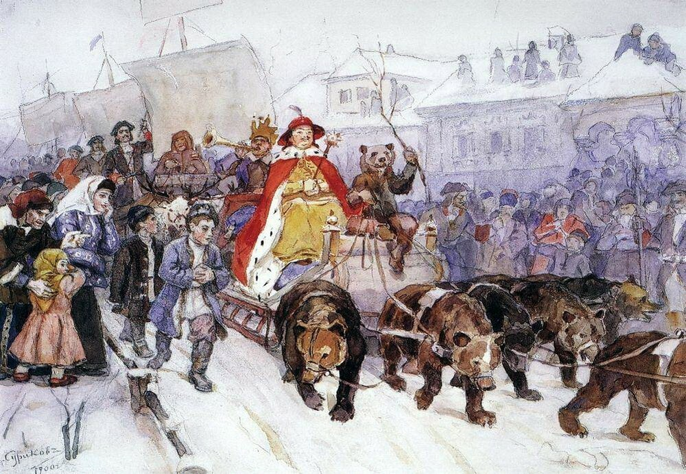 Василий Суриков. Большой маскарад в 1722 году на улицах Москвы с участием Петра I и князя-кесаря И.Ф. Ромодановского. 1900. Государственный Русский музей, Санкт-Петербург