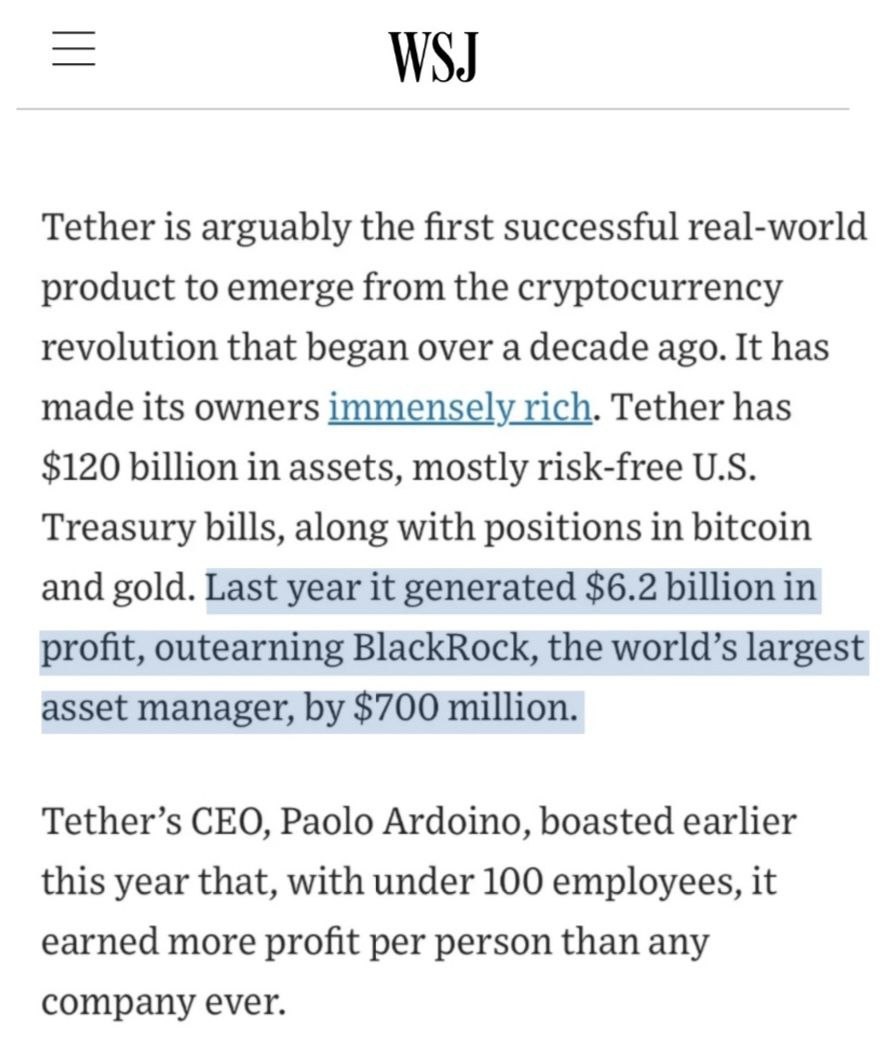 Tether обошёл BlackRock по прибыли!В прошлом году Tether был прибыльнее чем BlackRock - 6,2 млрд. долларов против 5,5 млрд.долларов прибыли.По сотрудникам тоже разница колоссальная - 100 сотрудников против 20 000.