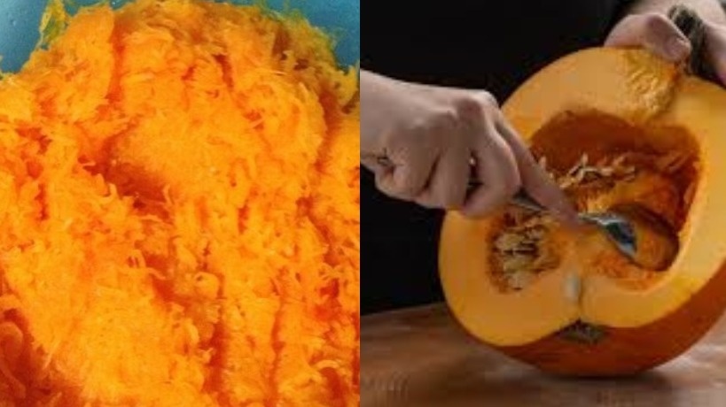 Для начала чистим нашу главную героиню — тыкву. Далее, эту тыкву нам надо натереть. 