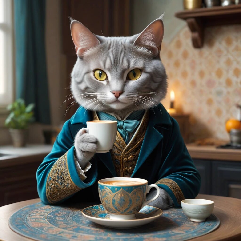 Кошечка тоже уже одетая для выхода. Накину сверху халат и спокойно пьёт кофе