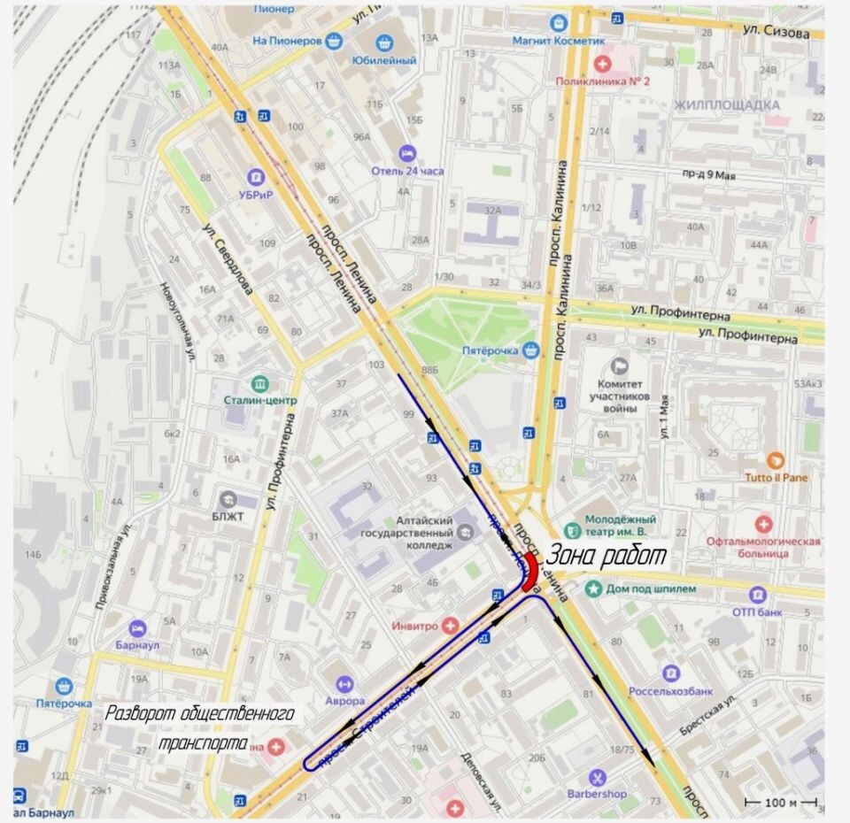    Схема с зоной работ на трамвайных переездах в Барнауле. Источник: Barnaul.org