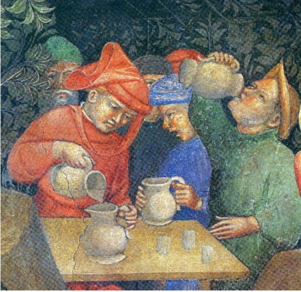 На средневековой гравюре люди пьют из глиняных кувшинов.