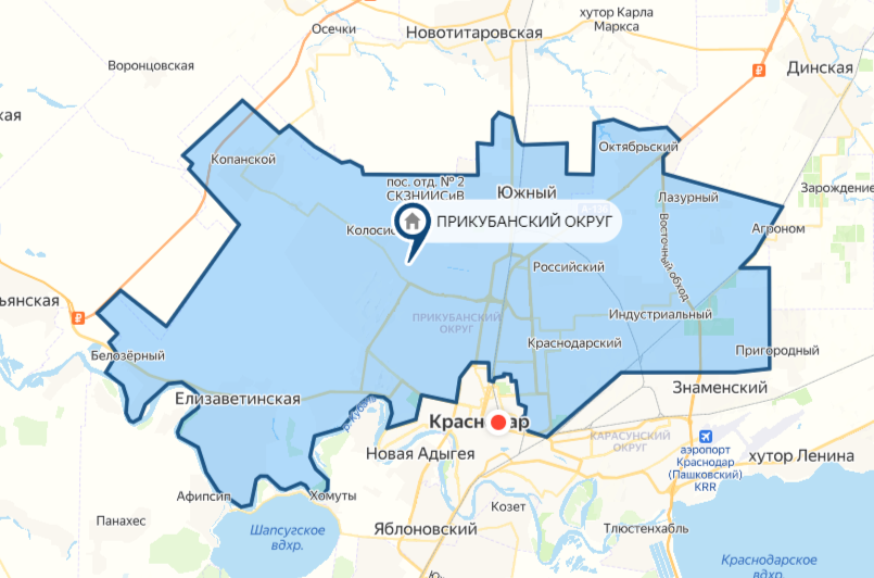 Карта с границами Прикубанского округа г. Краснодар