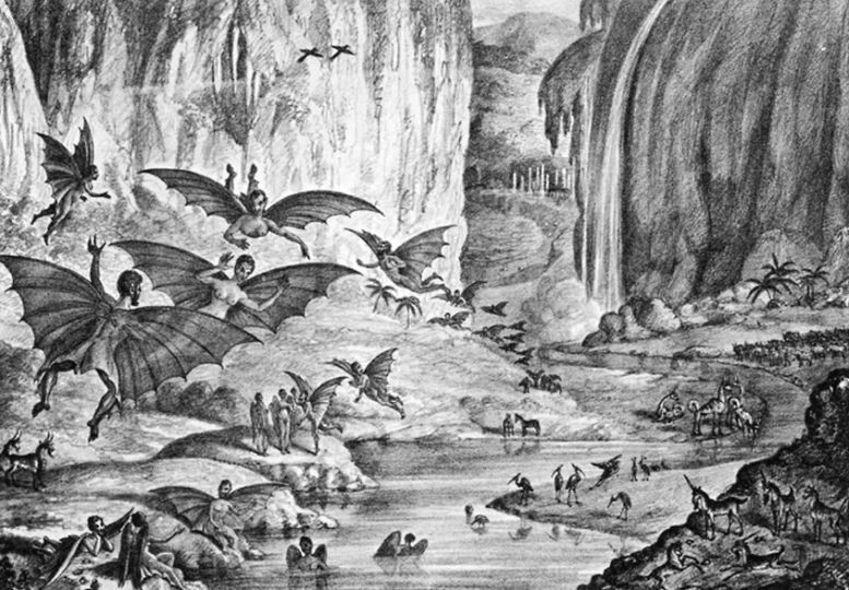 Иллюстрация к статье в газете The Sun "Лунные открытия г-на Гершеля", 1835 г.