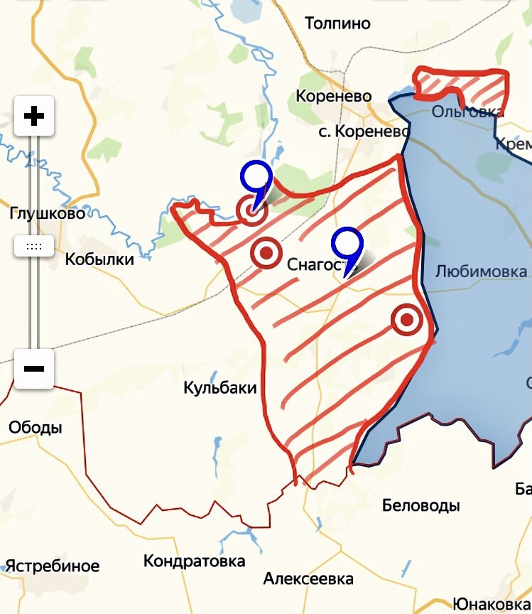 Красным контуром со штрихом - освобождённые нашими территории с 10 по 12 сентября  на северо-западном фланге