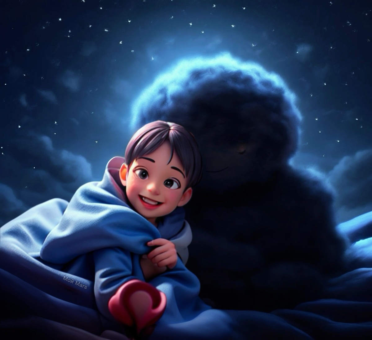 «В объятиях Доброй Темноты»: картинка сгенерирована с помощью ИИ и изменена автором канала: Мой Mars || Развитие и творчество ~ for kids