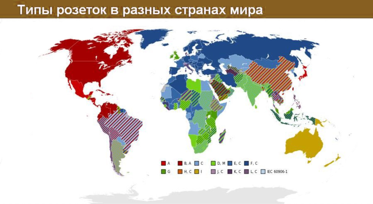 На фото приведена схематичная карта использования розеток различных типов