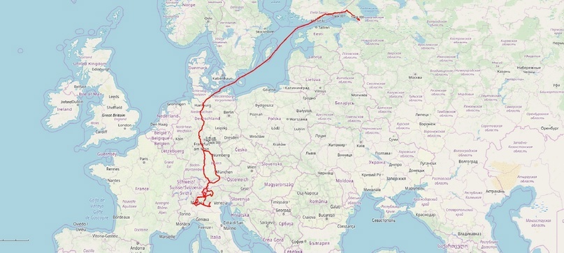 Карта маршрута путешествия из Санкт-Петербурга в Италию
