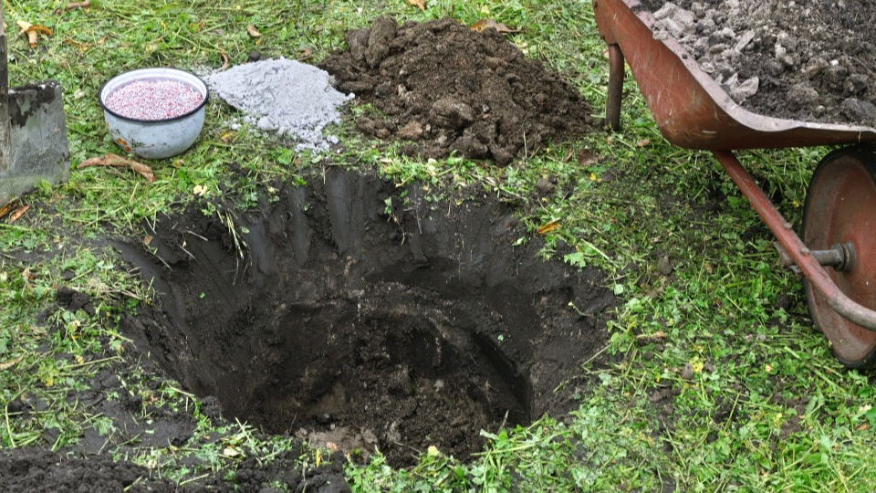 Так должна выглядеть яма перед посадкой. Видите дренаж на дне?