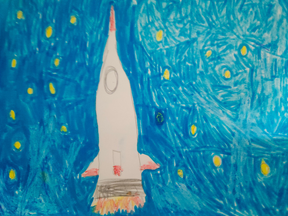 Рисунок сына фломастерами к Дню космонавтики, 1 класс. Фото моё