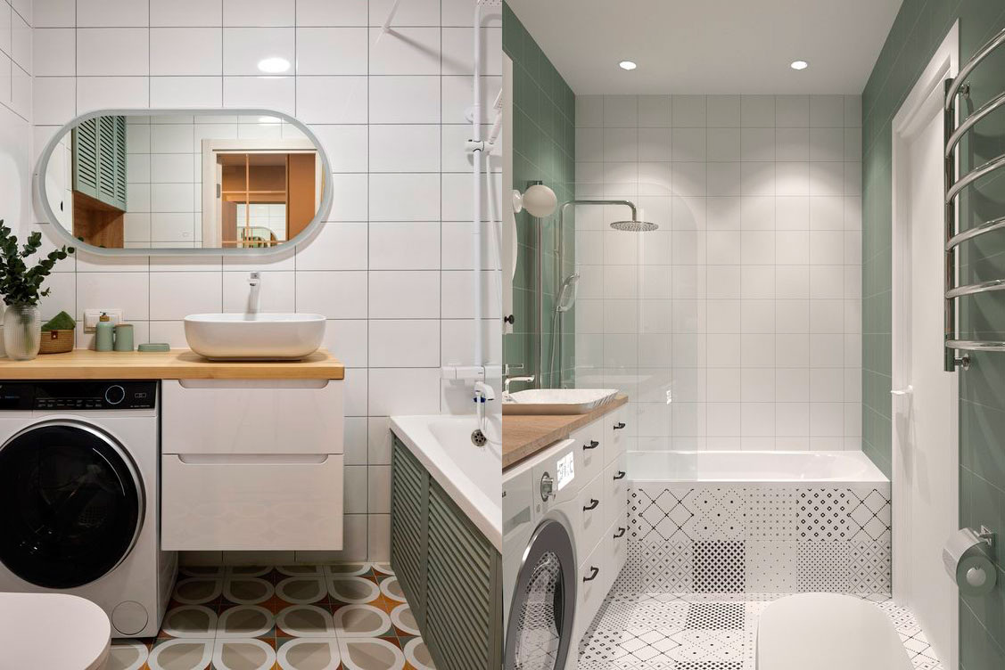 Фото: divan.ru, Nabo buro. Показана типичная ситуация. Декоративный акцент на керамической плитке. А вся сантехника белая.