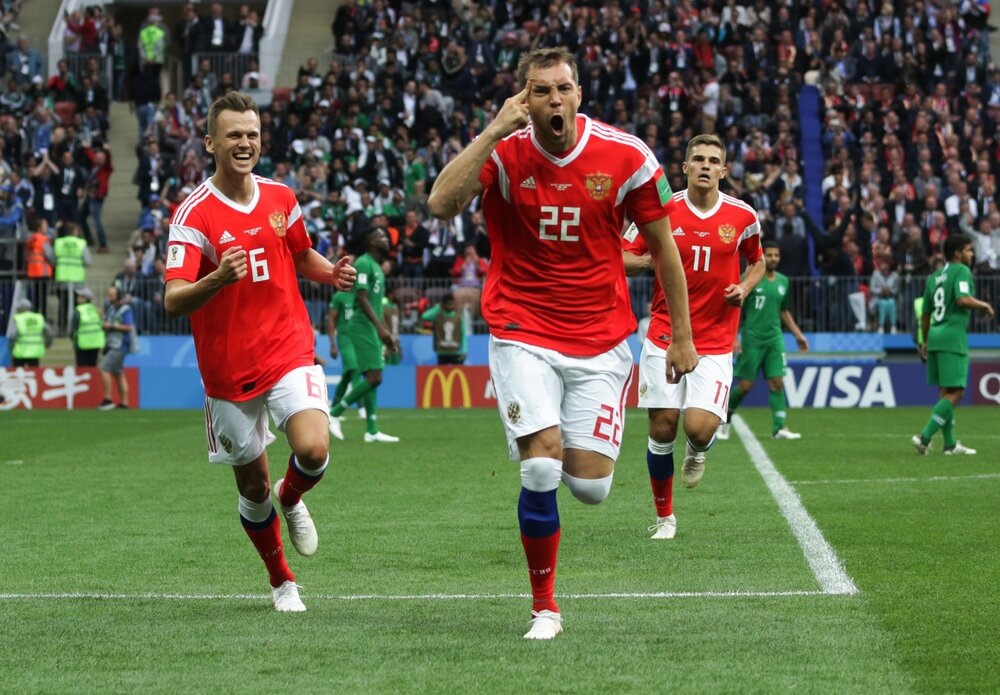 Артем Дзюба (#22) в составе сборной России на чемпионате мира по футболу на стадионе «Лужники», 2018 г. Фото: АГН «Москва»