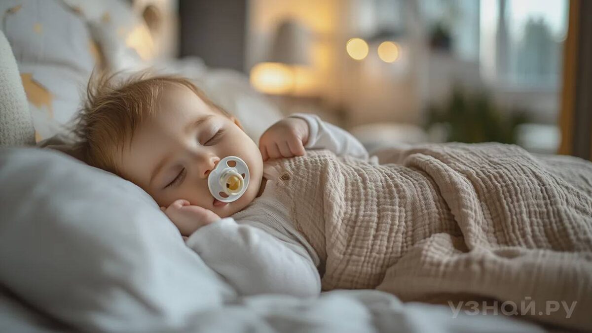     Ребенок спит в кровати с соской во рту © Фото: uznay.ru