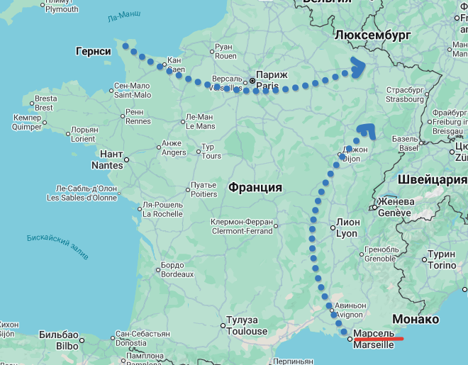 Глубина снабжения фронта из портов Шербур (на севере) и Марсель, аппликация Автора