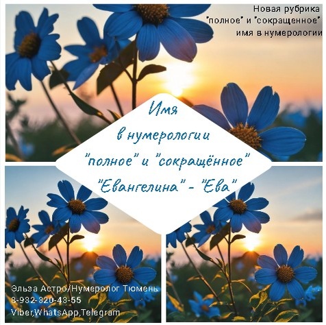 «Ева» - «Евангелина». Подобное имя является весьма так же распространенным - как в нашей стране, так и в других странах, вот только «произношение» и «написание» может отличаться, поэтому для всех тех, кто получает гражданство другой страны и переводит своё имя на другой язык - важно понимать, что цифровой ряд чисел - алфавита будет меняться, как и цель имени, поэтому здесь важно учесть подобное на будущее. Рассматривая сокращённый вариант имени «Ева» в русском алфавите, можно заметить - что у обладательницы данного имени имеется тяга к знаниям, что является большим плюсом для нее, отсюда ее можно наблюдать за чтением книг, статей, журналов либо других источников информации: социальные сети, видео - ролики, интернет и пр., но здесь важно учитывать, что «Ева» нацелена на изучение того, что ей действительно интересно, поэтому «скучная» информация например: на уроке, или на лекции – вряд ли ей будет по нраву, поэтому большую часть знаний она получит через путь «самообучения». А полный вариант имени – «Евангелина» - даст обладательнице стремление партнерским отношениям, отсюда нацеленность на дружелюбие, стремясь пополнить список своих друзей, знакомых, союзников, что может дать ей надежного друга, либо партнёра по бизнесу (браку) в будущем. Однако стоит помнить, что придерживаться «полного» имени очень важно – «как корабль назовешь – так он и поплывёт», избегая «сокращенных» имен чтобы избежать чувства непонимания себя в целом, или путаницу по жизни, ведь у каждого имени, будь оно «полное», или «сокращенное» есть цель, которую он должен достичь в течении жизни. Так же прошу учитывать, что данная трактовка имён дает дополнительный оттенок характера в карте рождения человека, которая составляется персонально на основе истинной даты рождения. С уважением к вам Эльза Астро/Нумеролог Тюмень. Тел: 8-932-320-43-55    