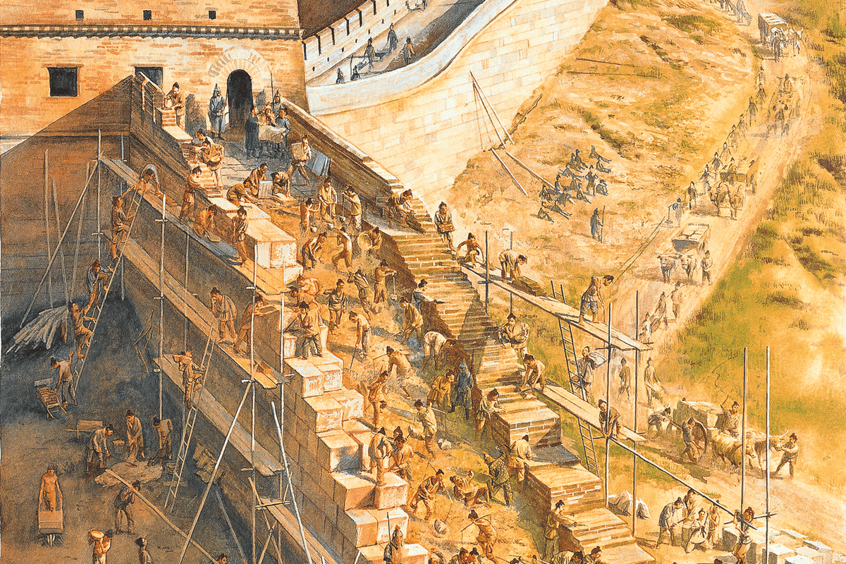 Иллюстрация строительства Великой китайской стены.