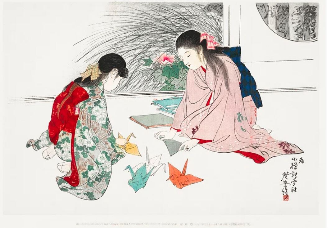 Young Girls Making Paper Cranes (1906) by Terazaki