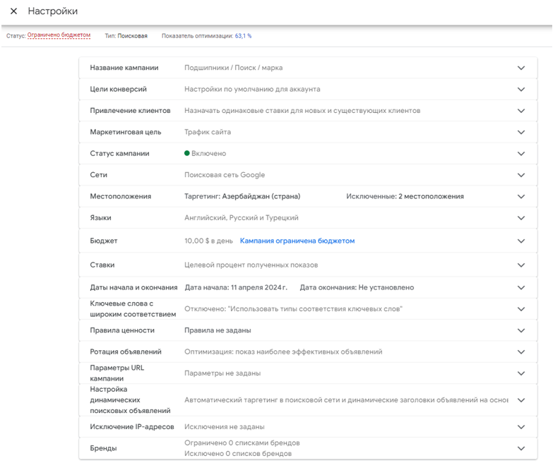 Скриншот из рекламного кабинета