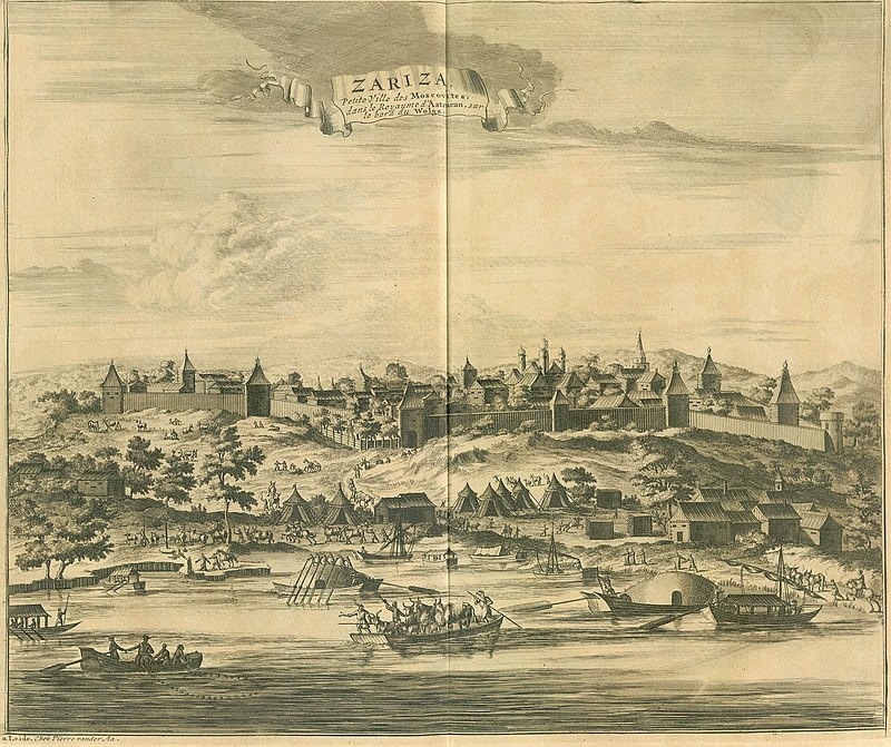 Вид Царицына с Волги. Рисунок из книги о путешествии Адама Олеария в 1630-х гг.(издание 1719 г.) фото: wikipedia.org