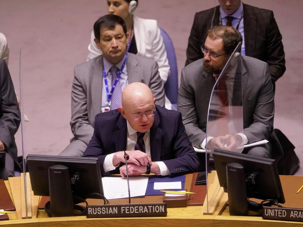    Постоянный представитель России при ООН Василий Небензя выступает на заседании Совета Безопасности по угрозам международной безопасности в штаб-квартире ООН© AP Photo / Mary Altaffer