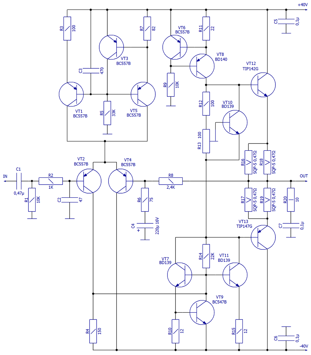 Схема электрическая принципиальная усилителя мощности с выходными транзисторами составного типа