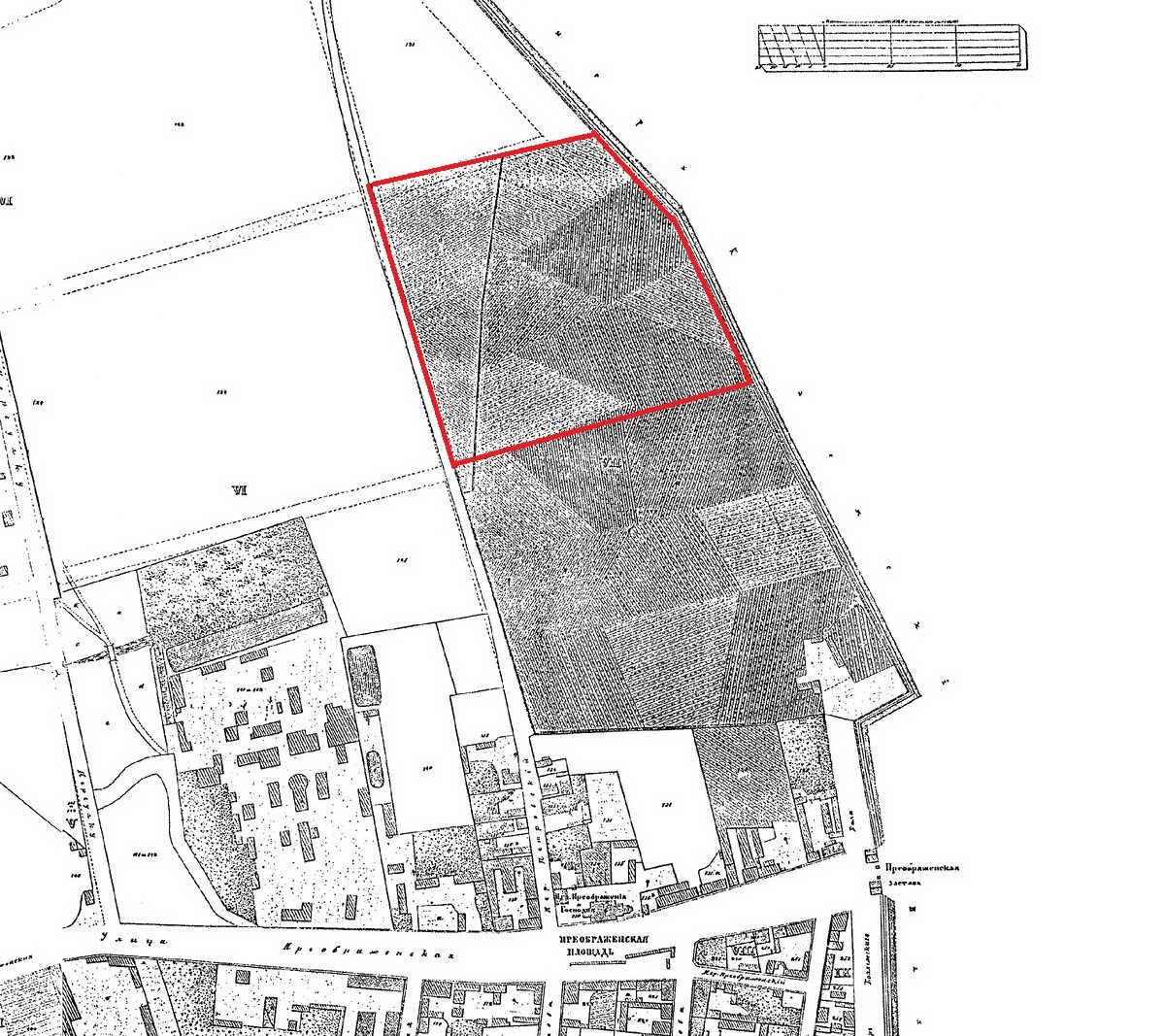 1852 год. Фрагмент плана Белоусова с обозначением огородной земли и рассматриваемого владения