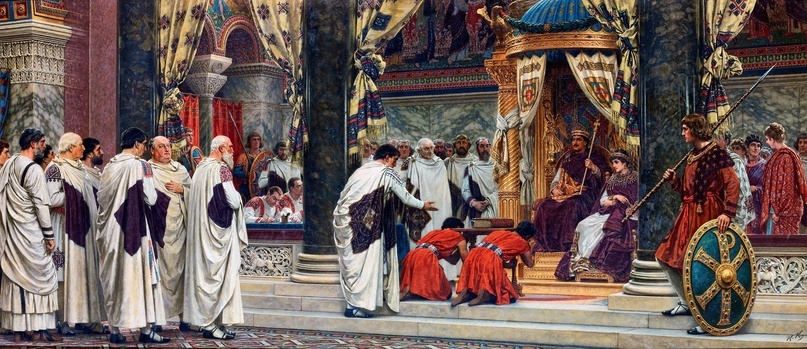 Представление пандектов императору Юстиниану - дизайн фрески в здании суда в Касселе, Германия. Герман Кнакфус. 1914