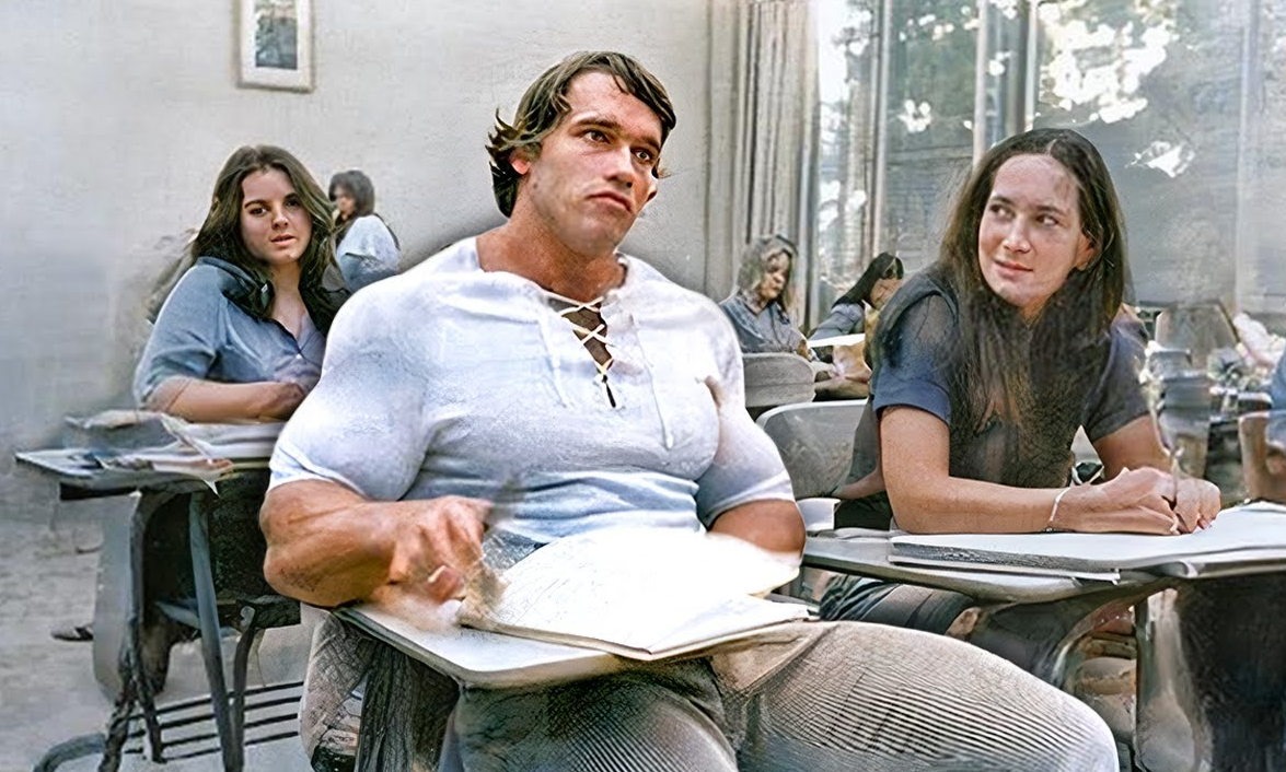 Арнольд на учёбе в Америке. Неотъемлемая часть получения гражданства. Одних регалий было мало. 70-е годы. Реставрированное фото.