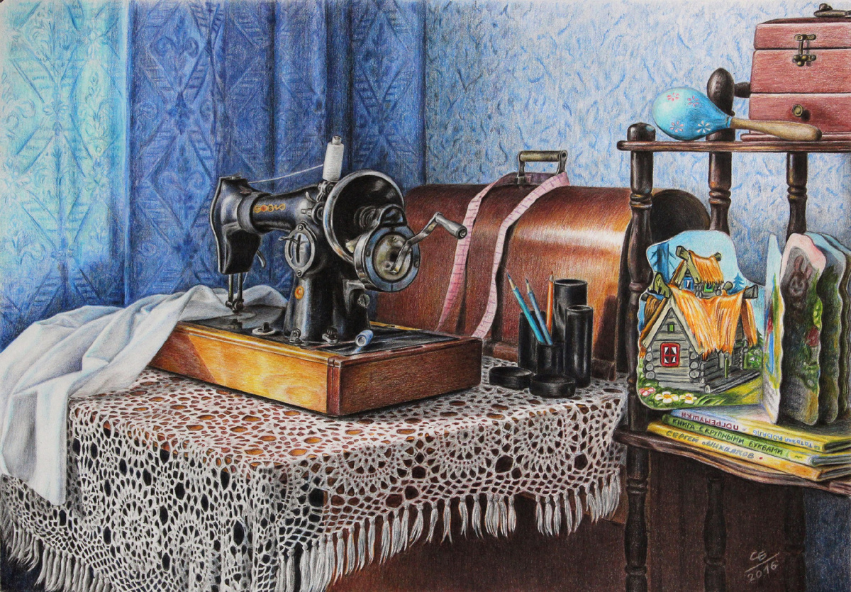 2016 год, цветные карандаши "Faber-Castell "Polychromos", бумага Гознак, формат А3. Название: "Семейная жизнь заботливой матери". Художник - Никифорова Светлана