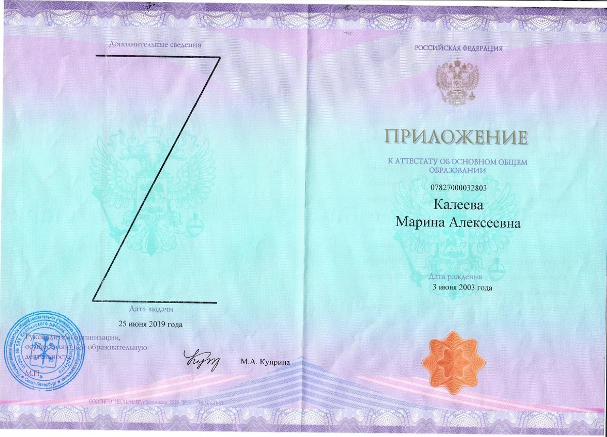 Аттестат за 9 класс режиссера и художницы Маринетт Мортем