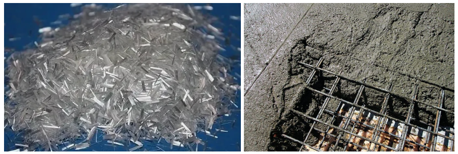 Нарезанная стеклофибра — слева, бетон с арматурой — справа