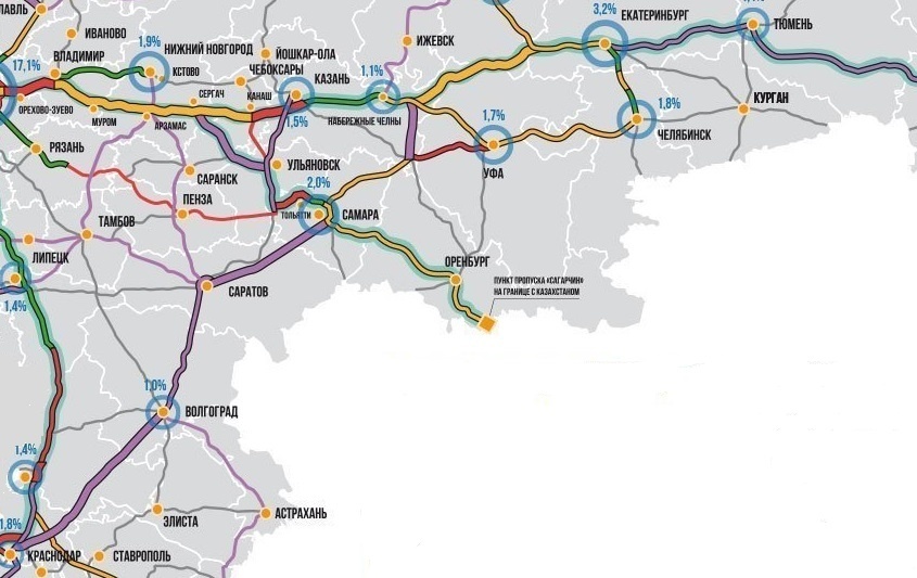 © ГК «Российские автомобильные дороги» / russianhighways.ru (Перспективная сеть скоростных автомобильных дорог до 2035 г. — фрагмент схемы, представленной «Автодором» в 2019 г. Ранее заявлялось, что по направлению Набережные Челны – Краснодар примерно половина маршрута будет готова к 2030 г., а полностью движение по скоростной трассе от Урала до Краснодара запустят в 2035 г.)
