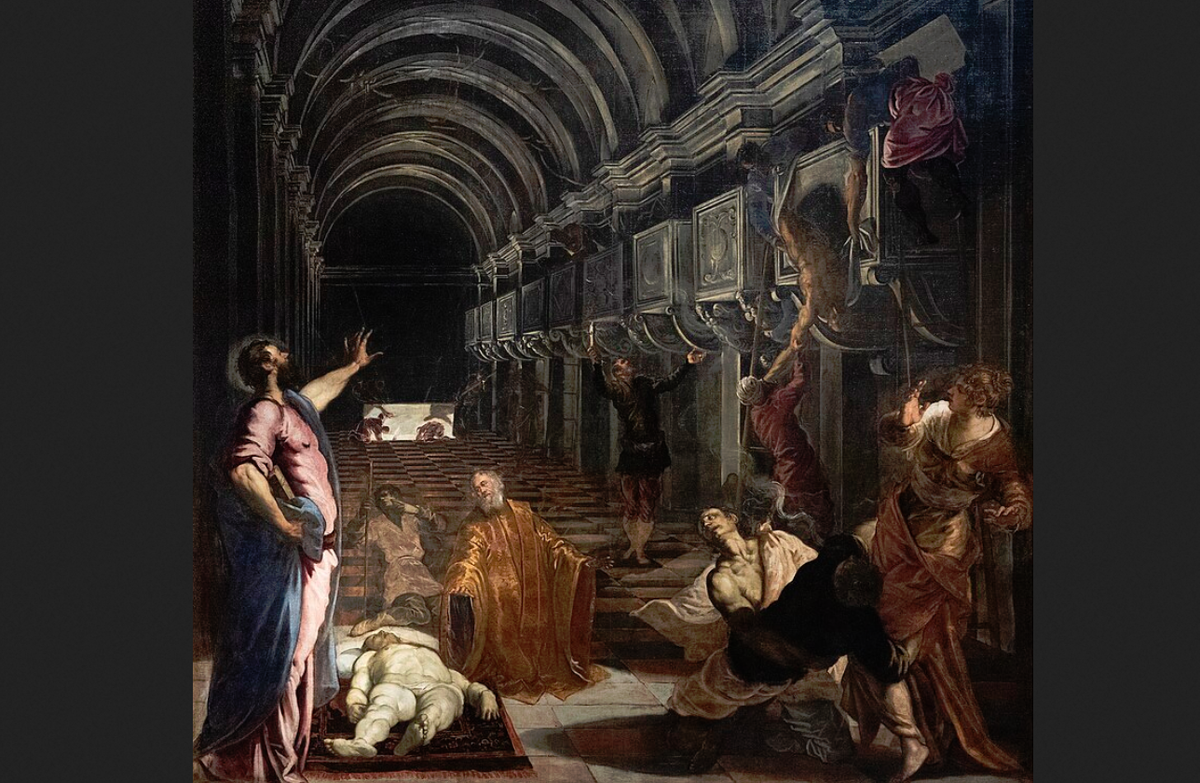 Тинторетто. "Нахождение тела Святого Марка". 1562. На самом деле картина изначально называлась "Чудеса святого Марка в церкви Буколис в Александрии", что больше соответствует ее содержанию