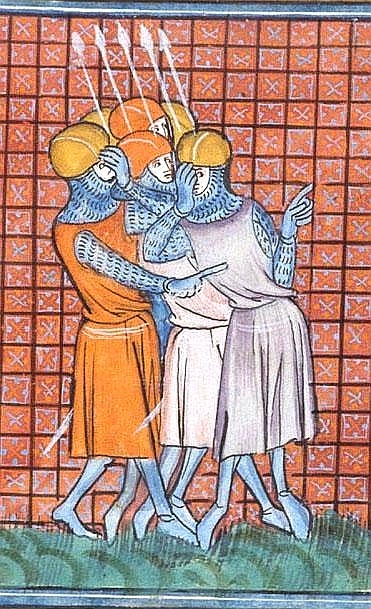Миниатюра из рукописи 14 века. "Хроники Франции или Сен-Дени", 1332-1350. Британская национальная библиотека.