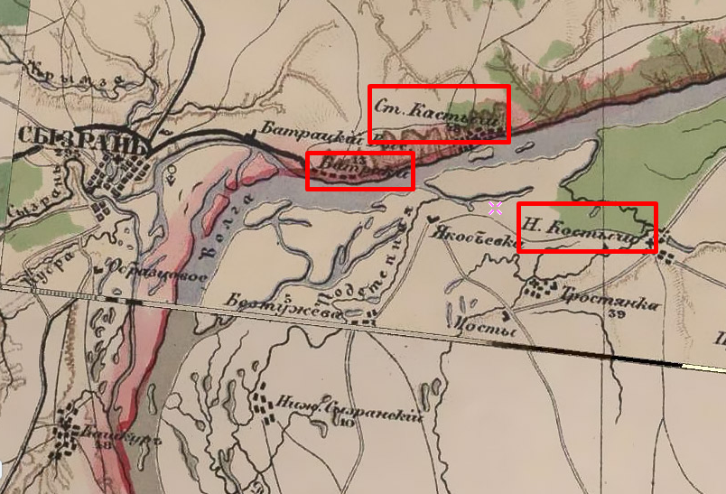 Карта 1870-х. Ныне Батраки и Ст. Костычи являются городом Октябрьск.