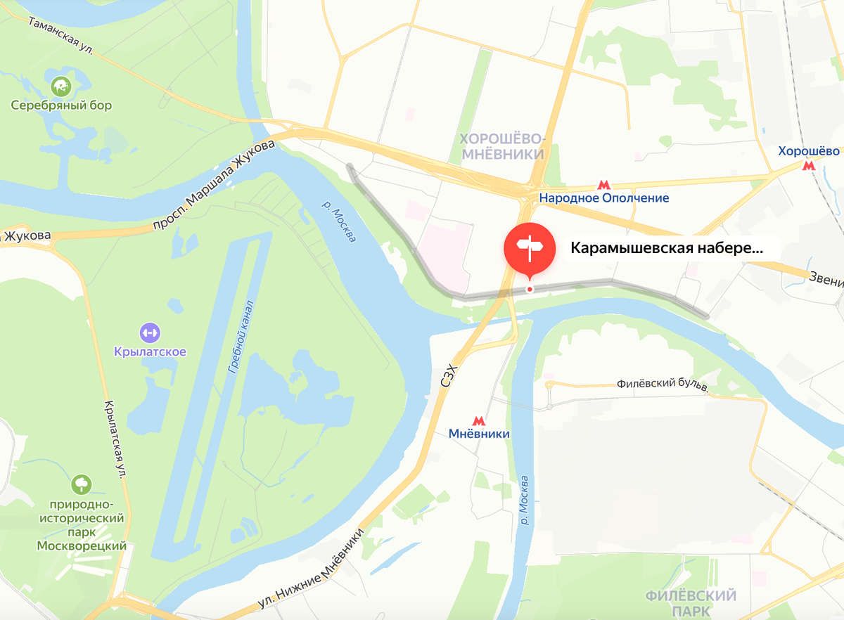 Карамышевская набережная на современной карте Москвы. Яндекс.Карты.