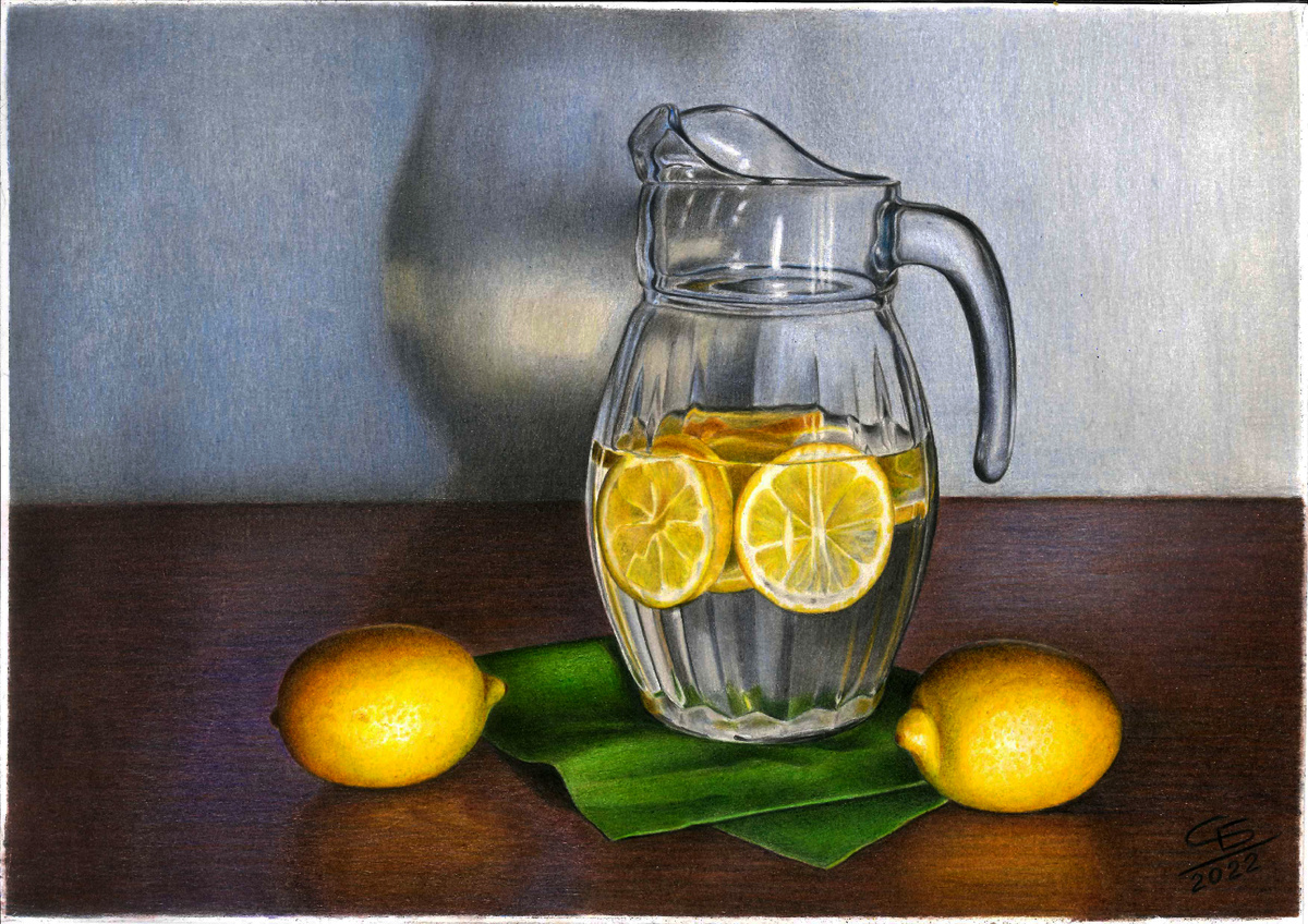 "Натюрморт с лимонами", 2022 год, Цветные карандаши "Faber-Castell Polychromos",  бумага:Canson Iris Vivaldi, формат А4. Художник: Никифорова Светлана