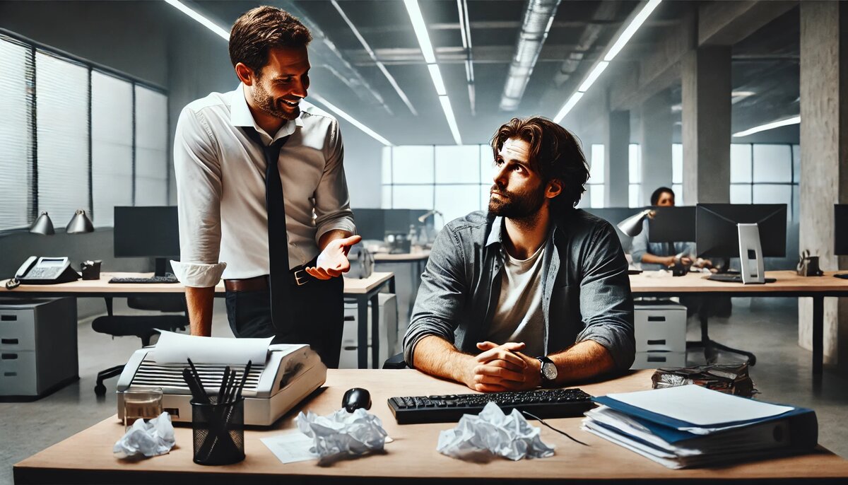 Андрей в офисе разговаривает с коллегой