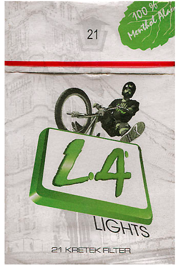 "L4" Lights. Индонезия, конец 2000-х годов. 21 штука, кретеки, с фильтром, в боксе, в целлофане. Смола 34 мг, никотин 1,6 мг. Производитель PR DWI. Владелец торговой марки^ PR. DWI.