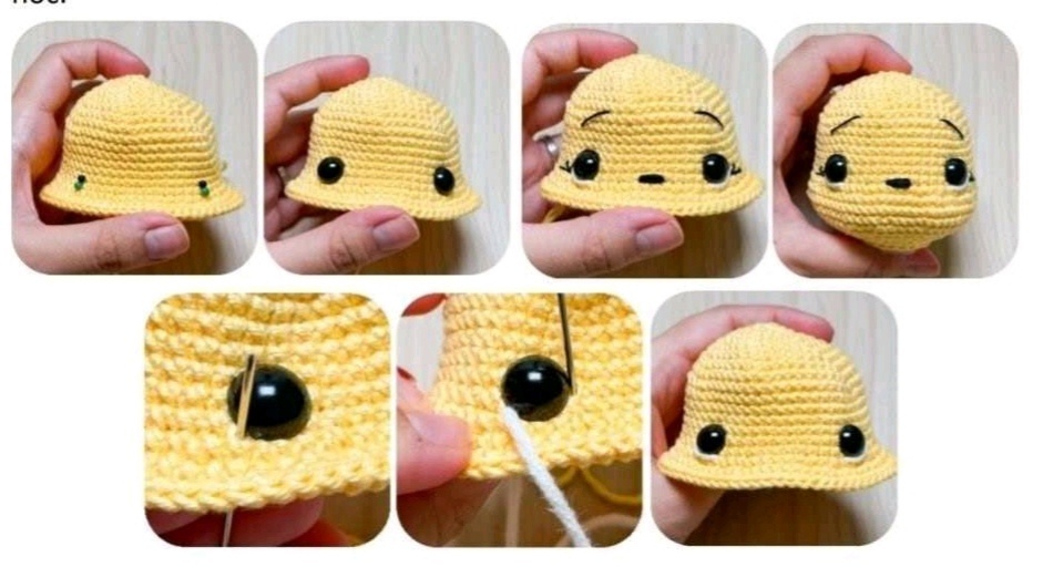 Вяжем голову, вставляем и оформляем глазки 