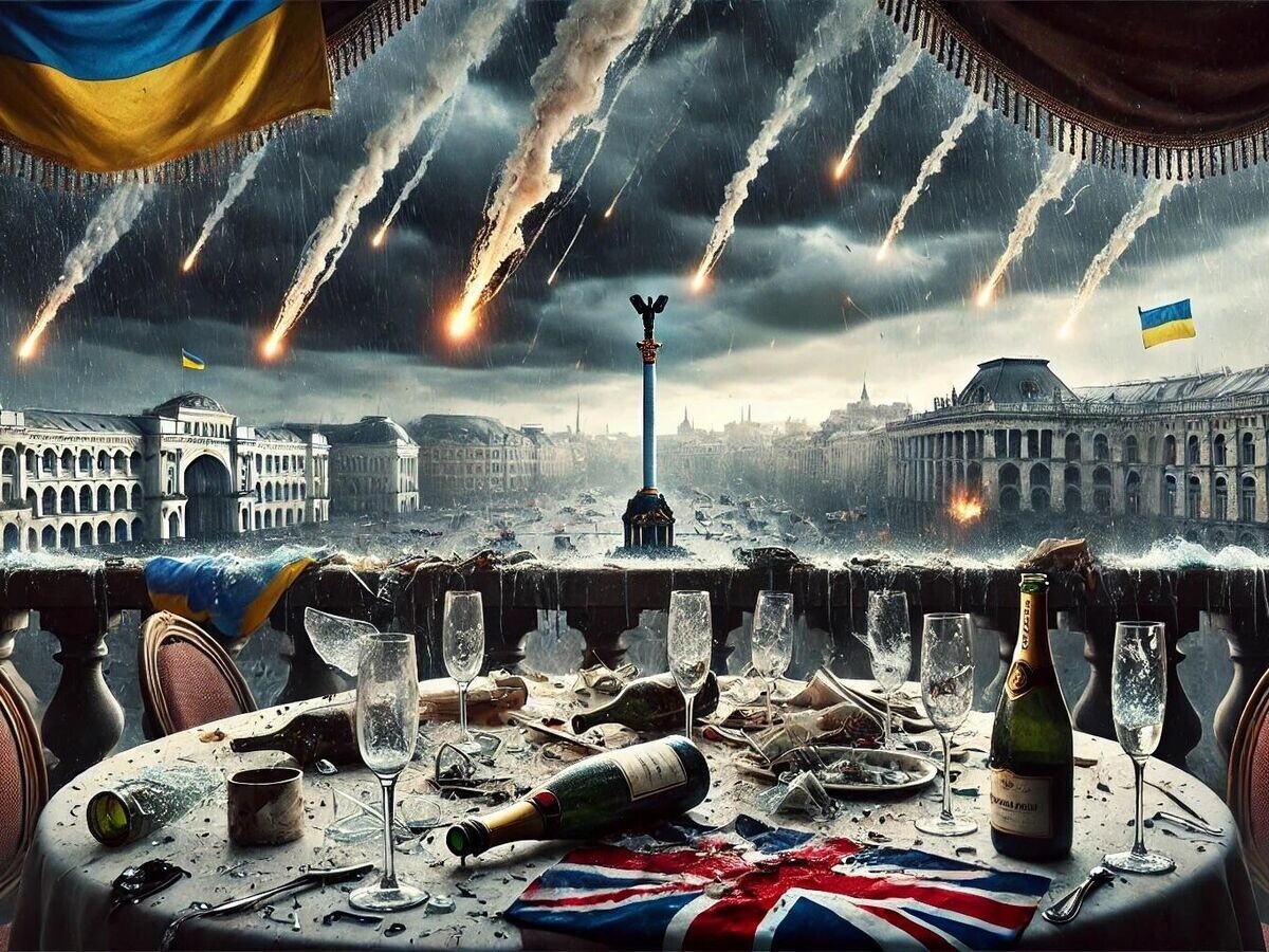 Фантастическую картинку сгенерировал ИИ. Затопленная Дворцовая площадь под желто-голубыми флагами атакуется российскими ракетами. Американцы в панике!